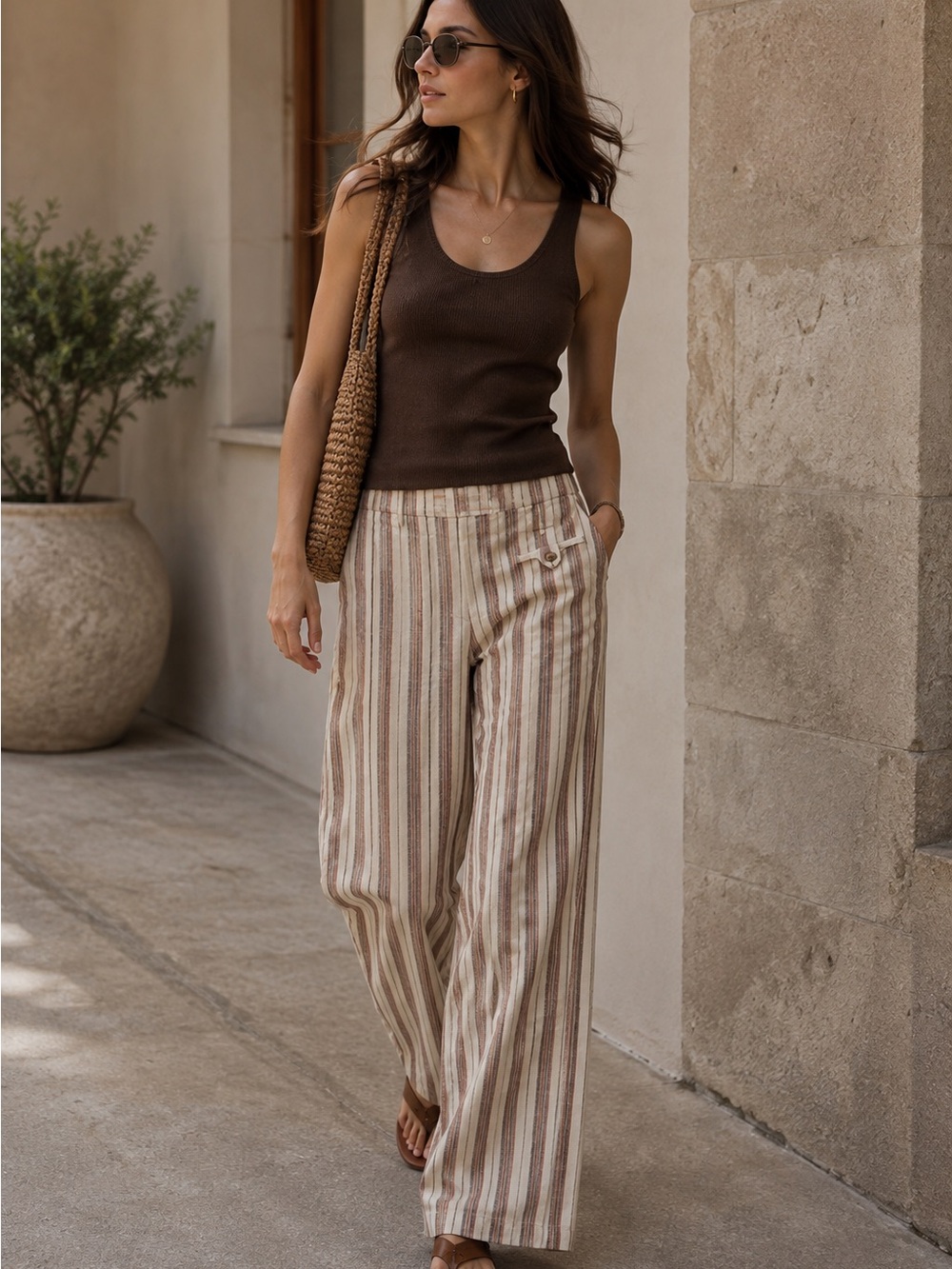 Zara High Waist Striped Wide Leg Pants Cotton Blend Beige Brown NWT Size S